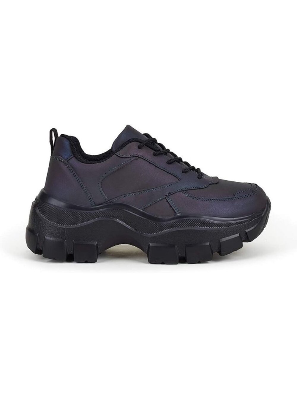 Women's Charcoal Rhinestone Lace-Up Color Block Chunky Platform Walking Sneakers